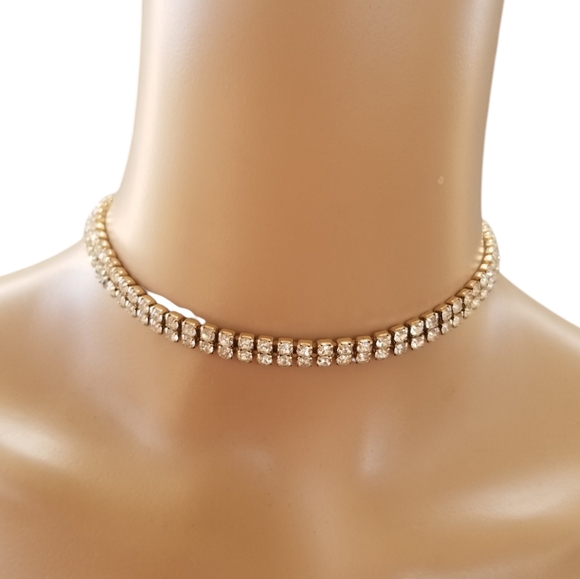 VINTAGE GOLDTONE MESH CHAIN & CRYSTAL CHOKER STYLE NECKLACE - Picture 1 of 7
